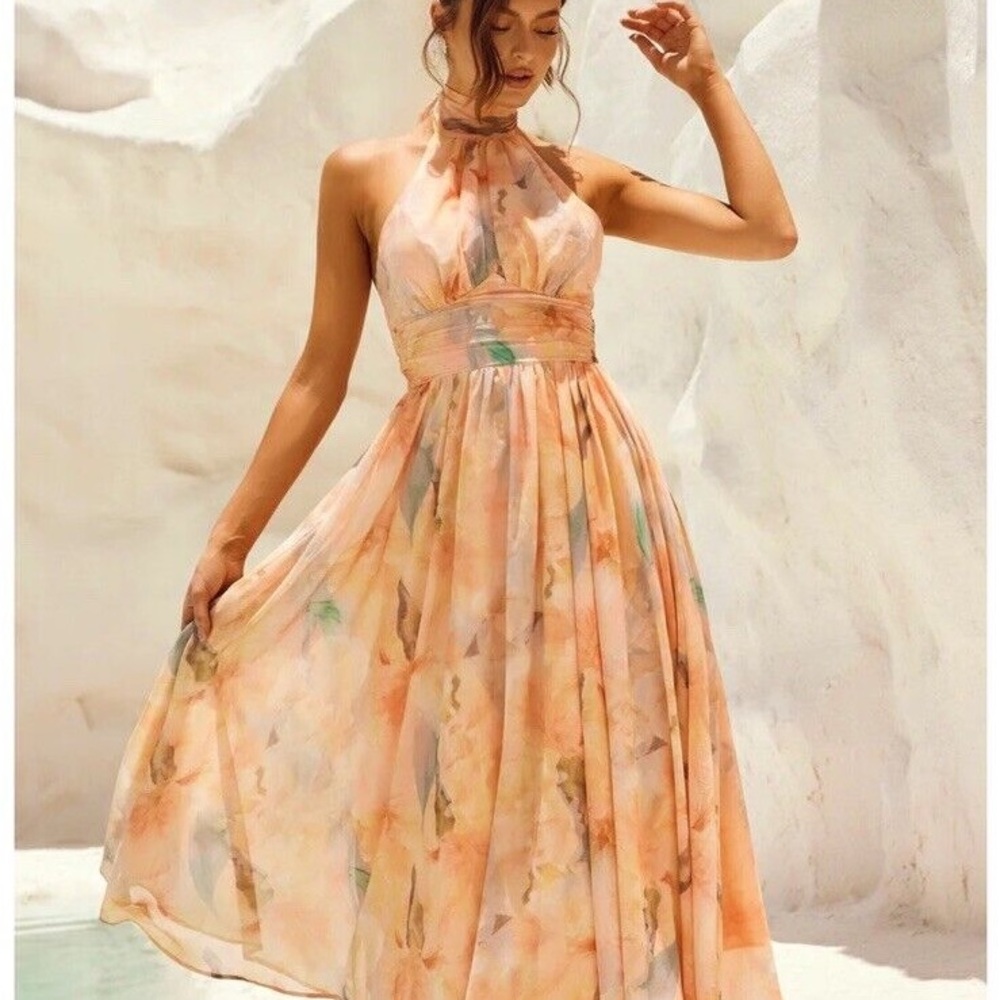 Elegant Peach Floral Halter Dress